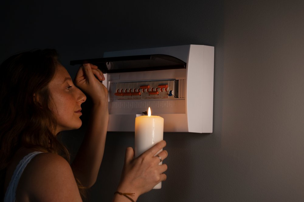 side view woman checking electrical panel